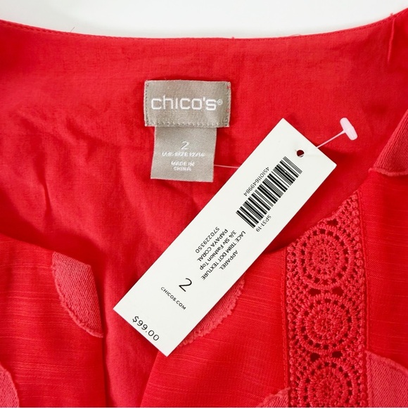 Chicos Shirt Womens 2 US Large 12 14 Papaya Coral Lace Polka Dot V Neck New - Picture 3 of 6